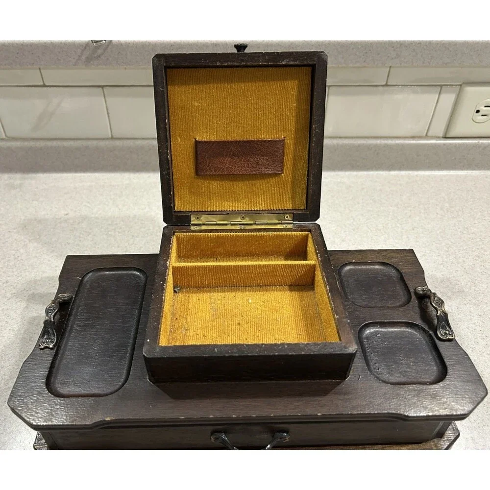 Vintage London Leather Wooden Mens Dresser Jewelry Box Made Japan